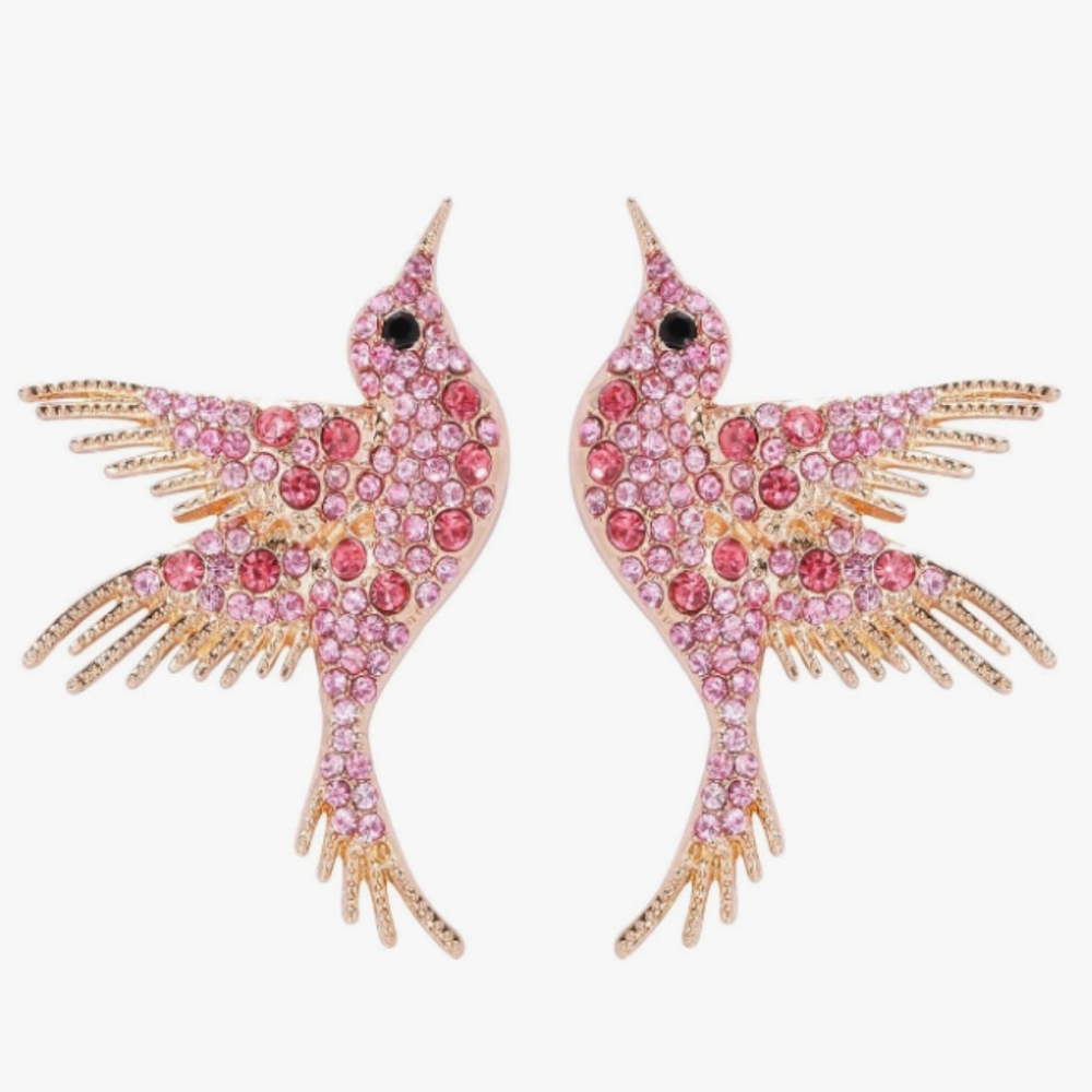 Pink Rhinestone Bird Earrings Hummingbird CZ Pave Crystal Gold Birds Post Style